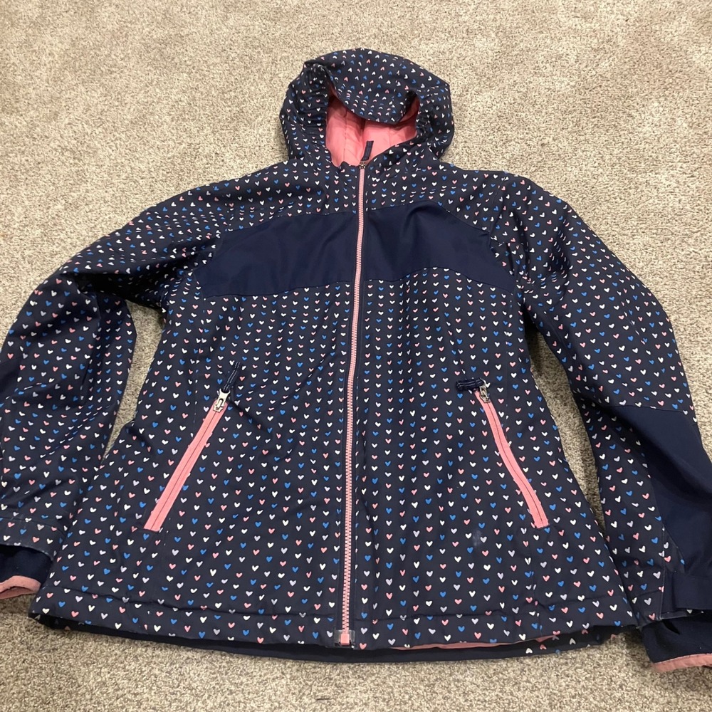 Lands End Girl Navy Heart Print Hooded Puffer Jacket Size XL 16 Pink Lining Cozy